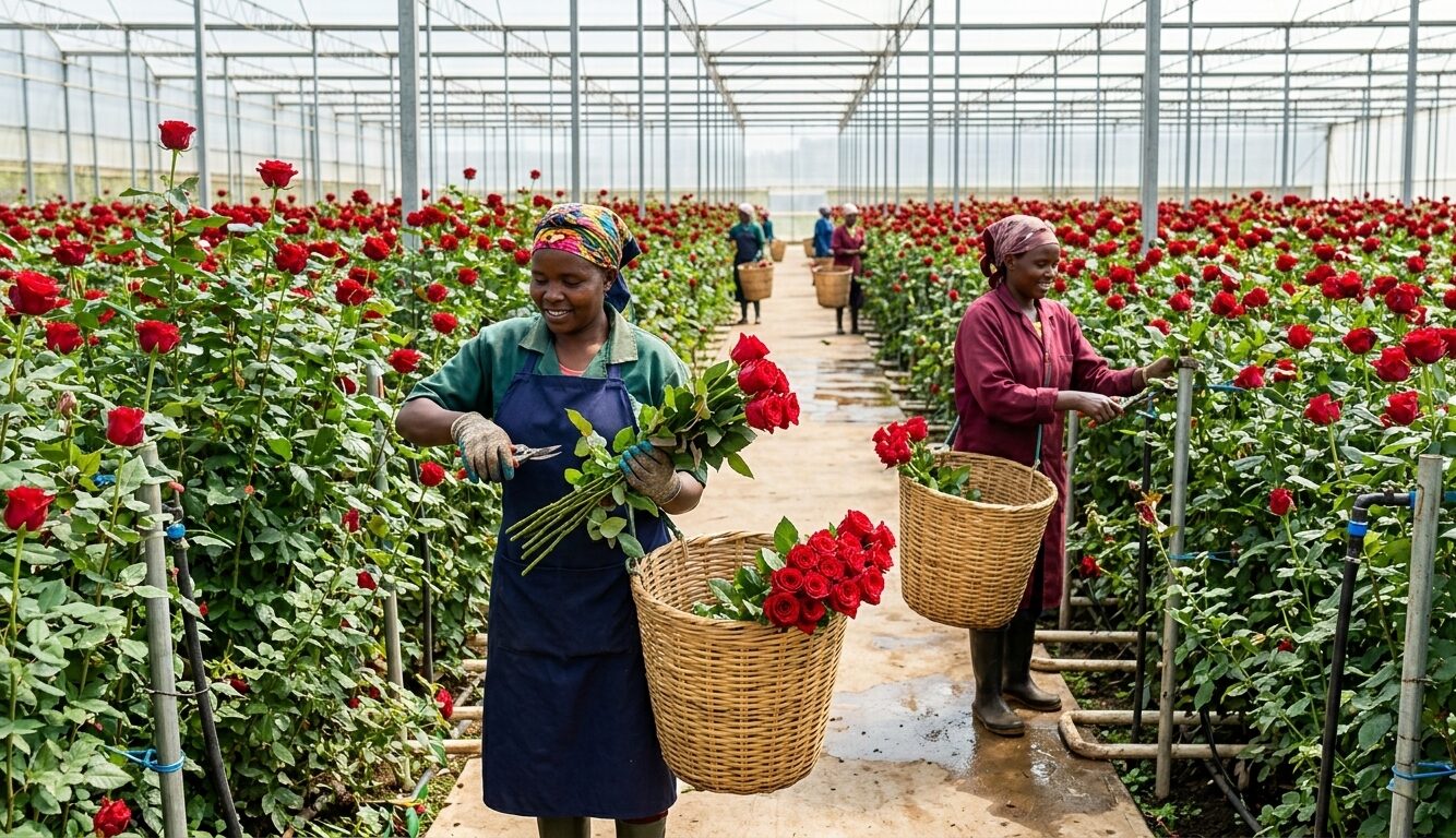Kenyan rose farm with workers harvesting roses for export