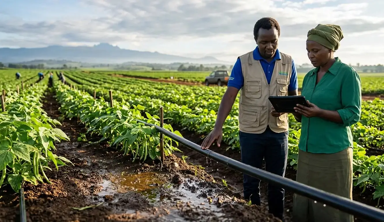 Drip irrigation system on a certified export horticulture farm in Kenya — complete guide to irrigation farming Kenya 2026