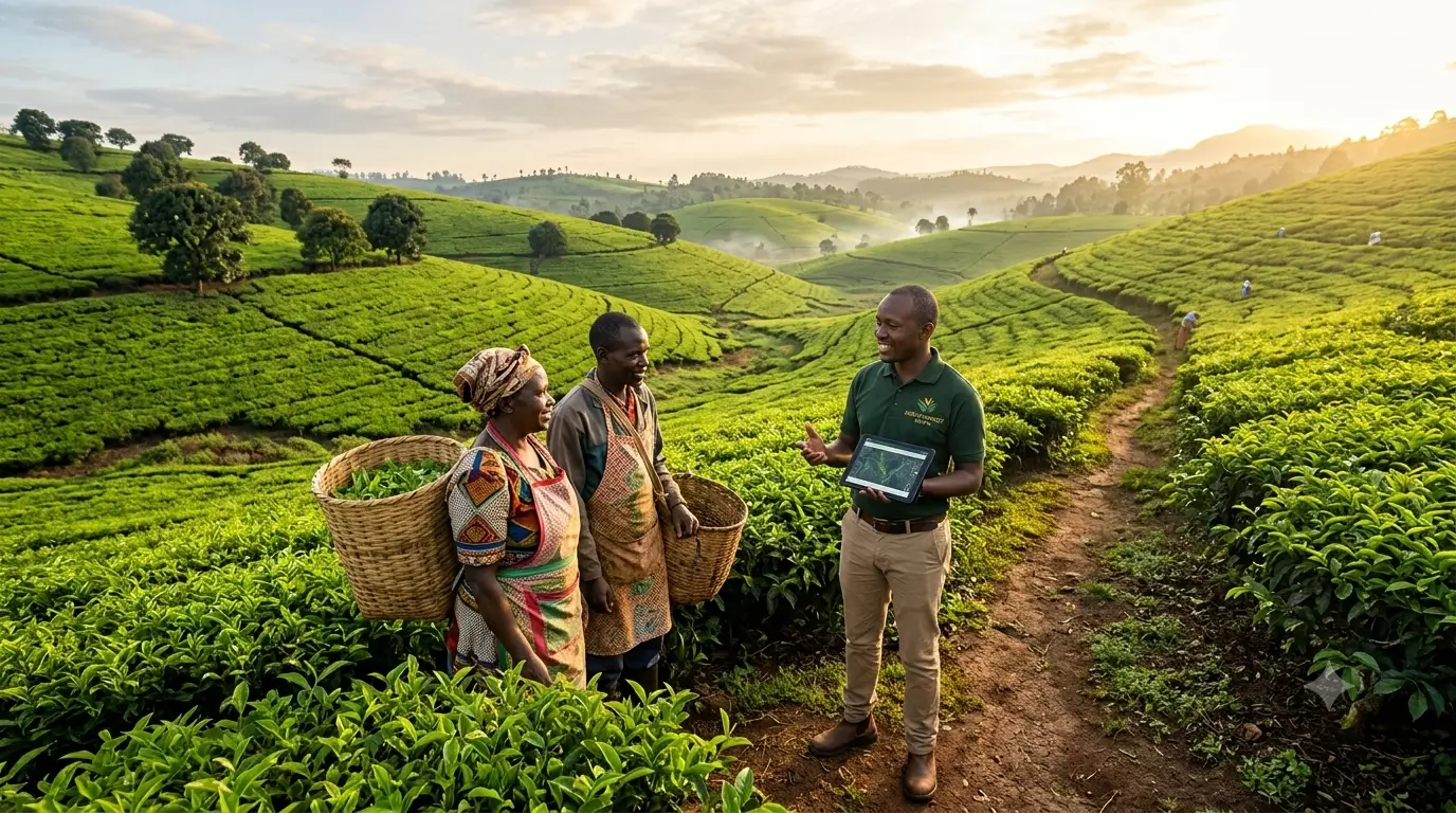 Agricultural consultant supporting tea cooperative farmers in Nyamira County Kenya — Rainforest Alliance and Fairtrade certification